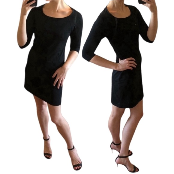 StyleMint Black Jersey Fitted 3/4 Sleeve Ballet Neck Mini Dress Small MK&A Olsen - Picture 2 of 15
